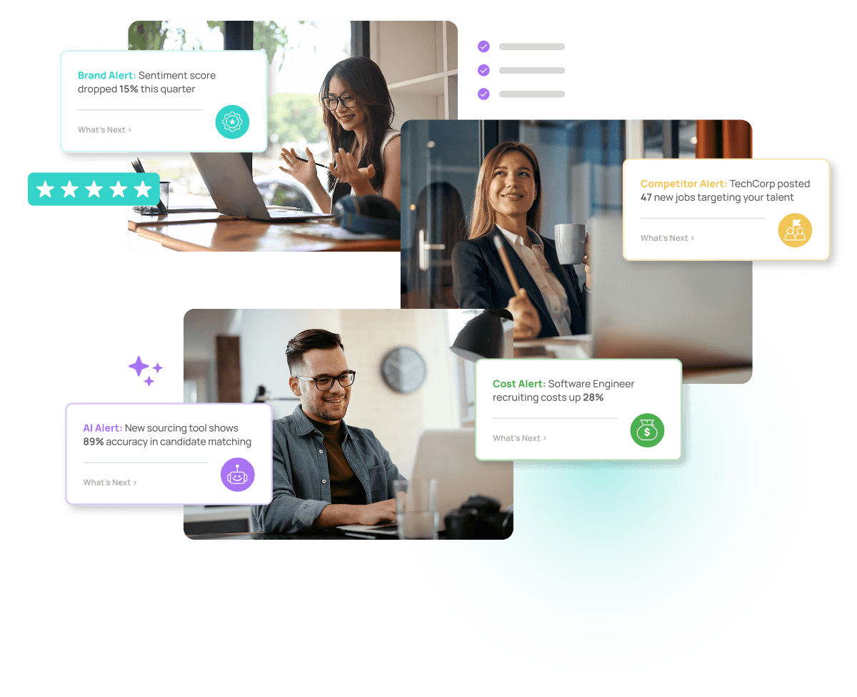 Talivity's real-time talent intelligence platform showing brand alerts, competitor monitoring, cost tracking, and AI-powered recruiting insights
