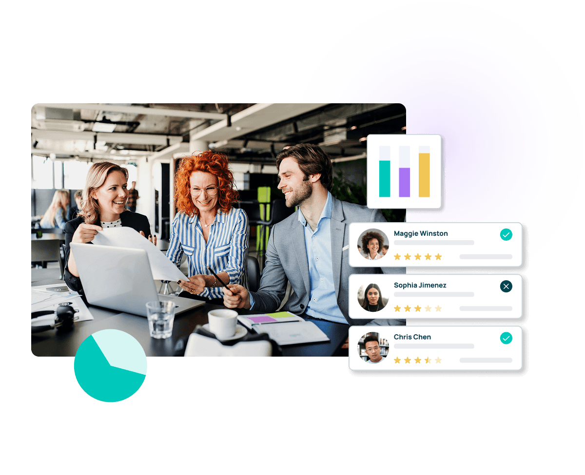 Image of two coworkers chatting and laughing at a table alongside graphics of reviews and ratings.