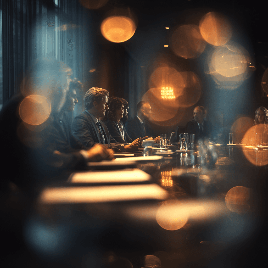 Picture of executives meeting in a dimly lit conference room