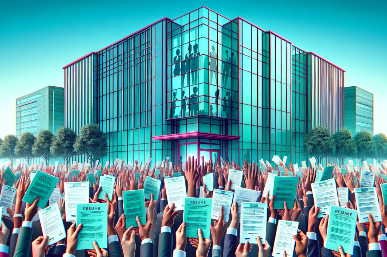 A mass of hands holding up resumes in front of an office building, displaying the impact of a strong EVP and employer brand