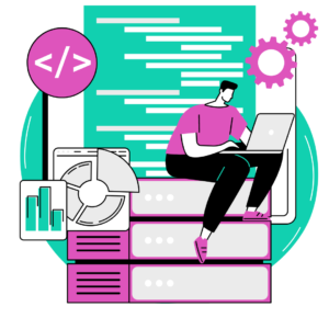 Flat graphic of a man sitting on graphs and stats while more loom behind him to represent labor market intelligence