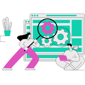 flat graphic of a man and woman. the woman holds a giant magnifying glass to a large screen behind them to represent labor market intelligence