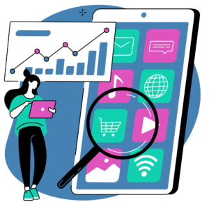 flat graphic of a woman holding a tablet in front of a large phone screen with a line graph behind her to represent labor market intelligence