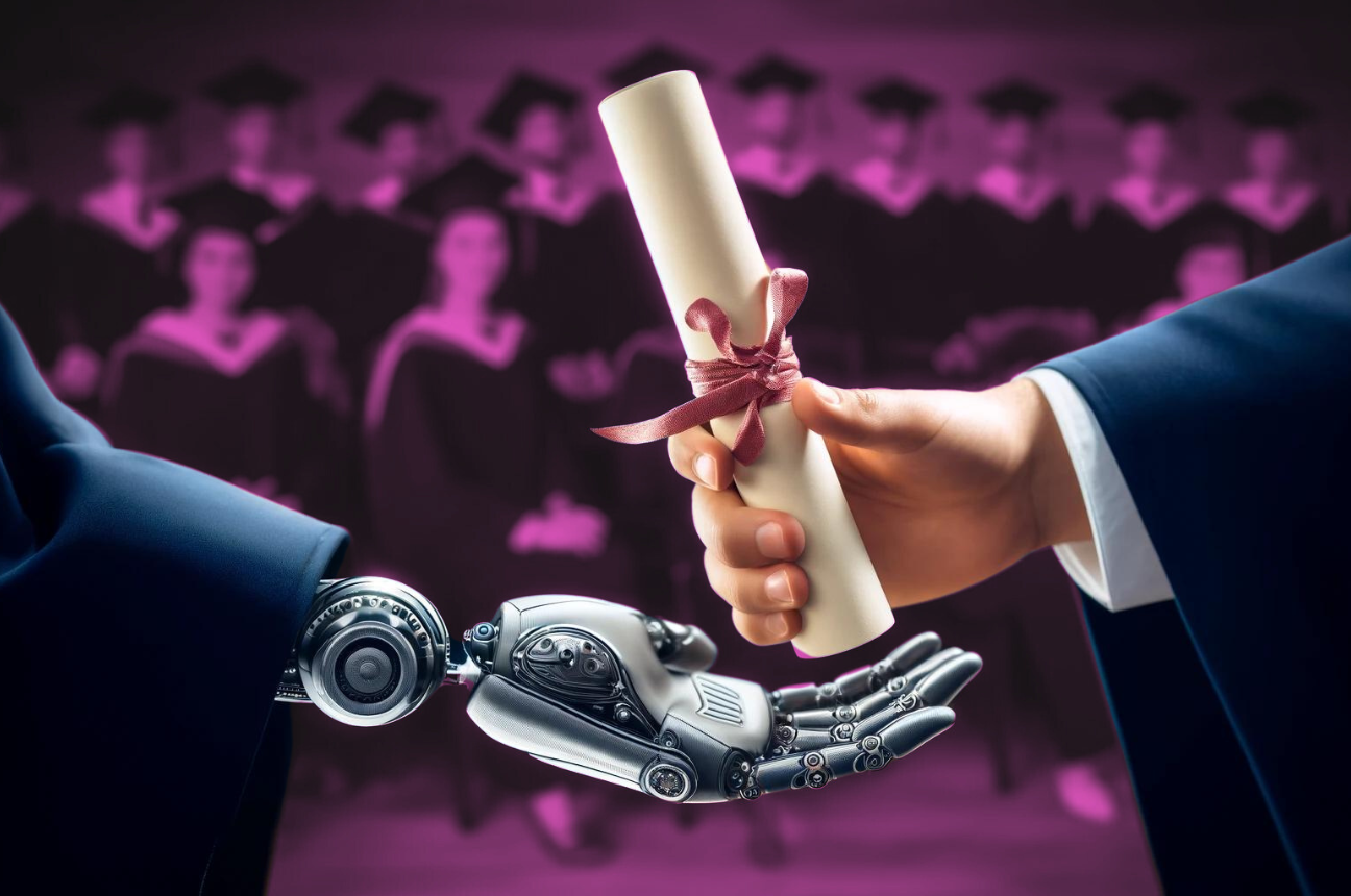 a person handing a diploma to a robot to represent the stories in our recruitment marketing roundup