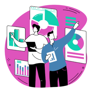 Flat graphic of two men standing amongst floating charts and graphs to represent programmatic job ads