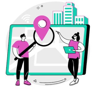 flat graphic of a man and women in front of a giant screen, holding a magnifying glass over a location pin to represent targeting in programmatic job ads