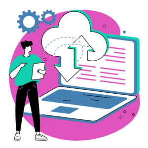 a man standing in front of a giant notebook computer with a cloud and gears to represent data for programmatic job ads