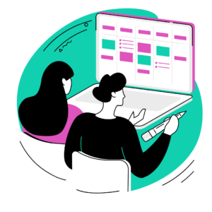 Flat graphic of a man and woman at a computer attending a virtual recruiting event