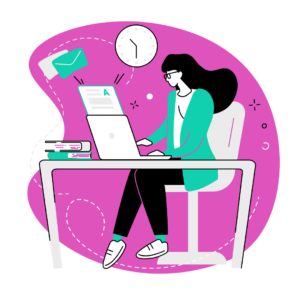 Flat graphic of a woman at a computer attending a virtual job fair