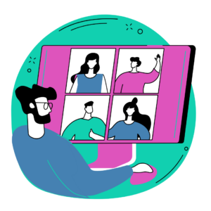 Flat graphic of a man at a computer attending virtual recruiting events