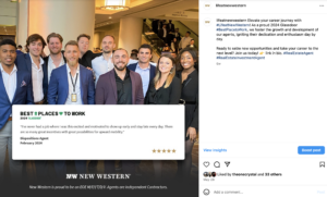 Team of people in image behind an image of a Glassdoor Review talking about positive experience with achievement and career growth