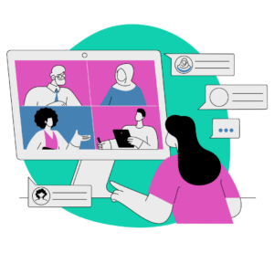 Flat graphic at a woman attending a virtual event for recruiting